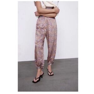 Zara Floral Satin Flowing Trousers Pants Elastic Waist